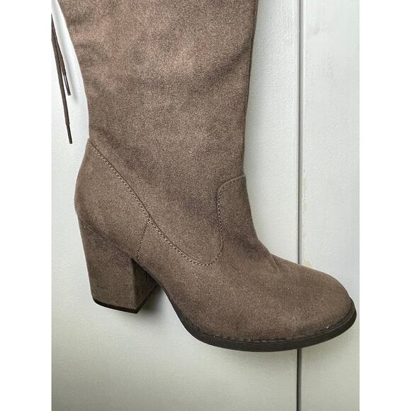 Thigh High Faux Suede Boots 8M Over The Knee Lace Up Taupe Pirate Style Boots - Picture 4 of 16